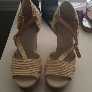 Tory Burch T Strap Straw Wedges worn twice